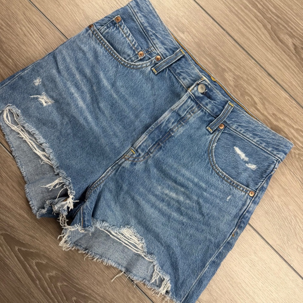 Levi's Women Ribcage Shorts Distressed Cut Off Blue Denim 31